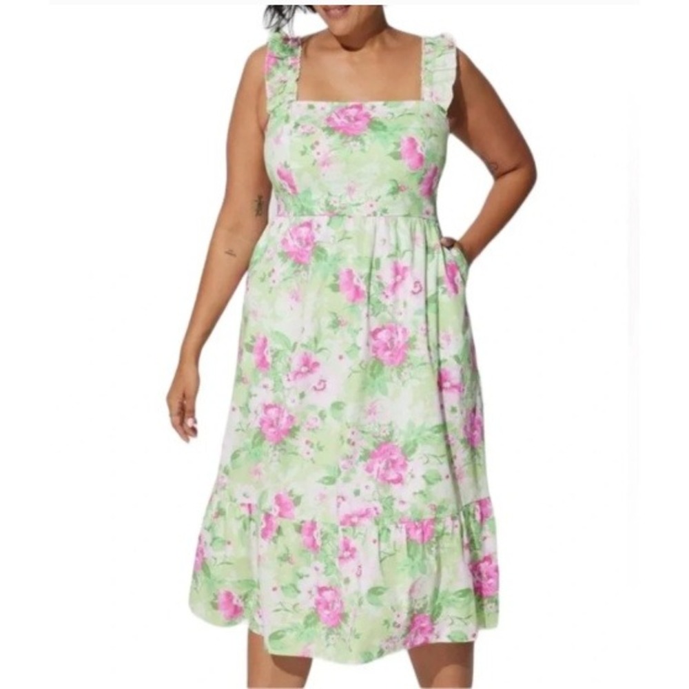 Torrid Midi Cotton Poplin Floral Dress Size 6X Green and Pink Garden Cottage